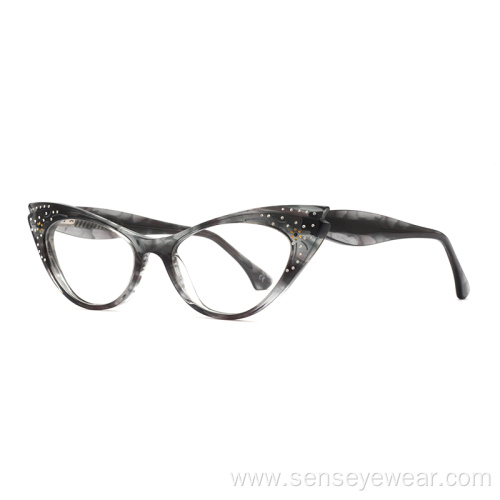 Luxury Women Diamond Cat Eye Acetate Optical Glasses